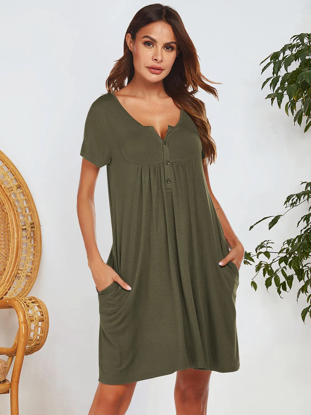 Spring and summer short sleeved pocket top button home clothes pajamas for women