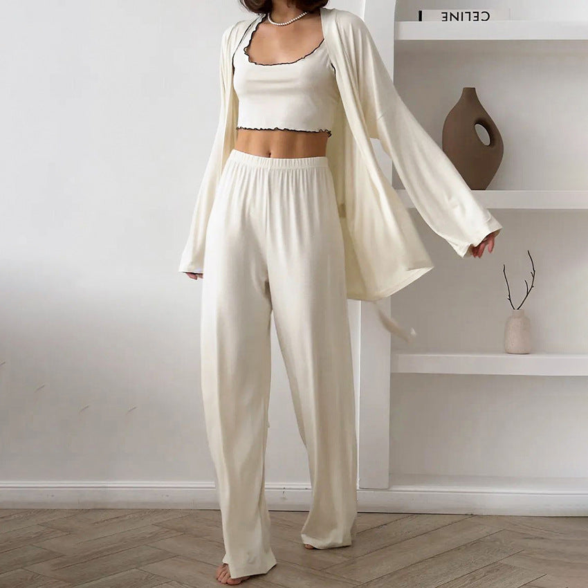 Spring and Summer NewStyle Knitted Milk Silk Ruffle Sleepwear Set, Soft and Skin-Friendly Home Wear for Women