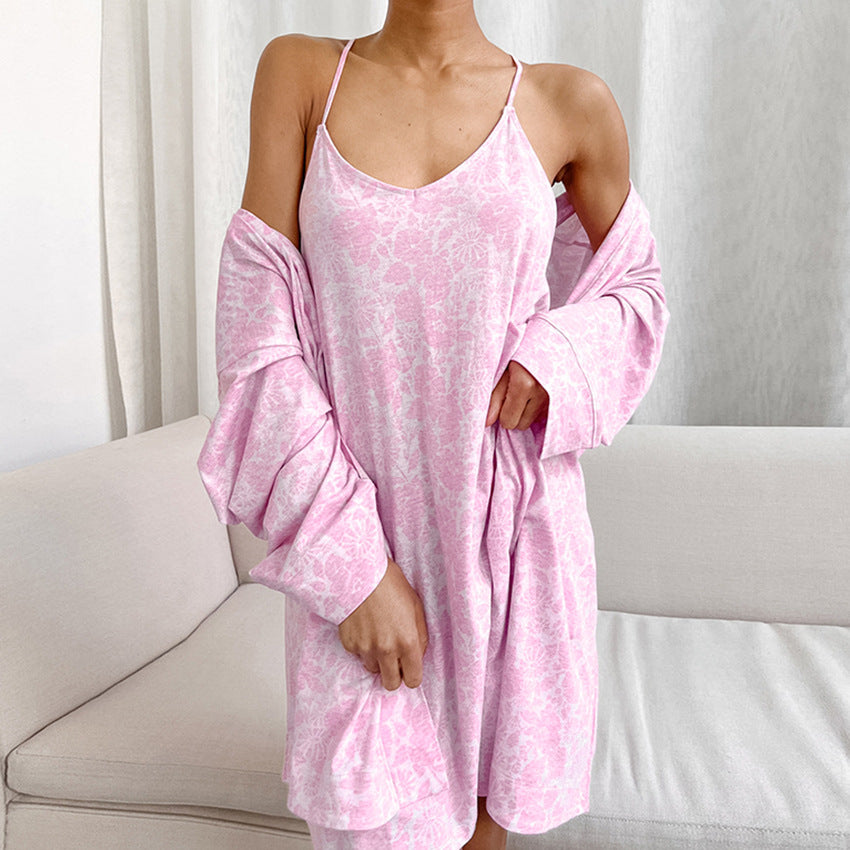 Spring Summer New  Pink Printed Knit Strap Sleep Dress Long Sleeve Robe Set Home Wear Sleepwear for Women