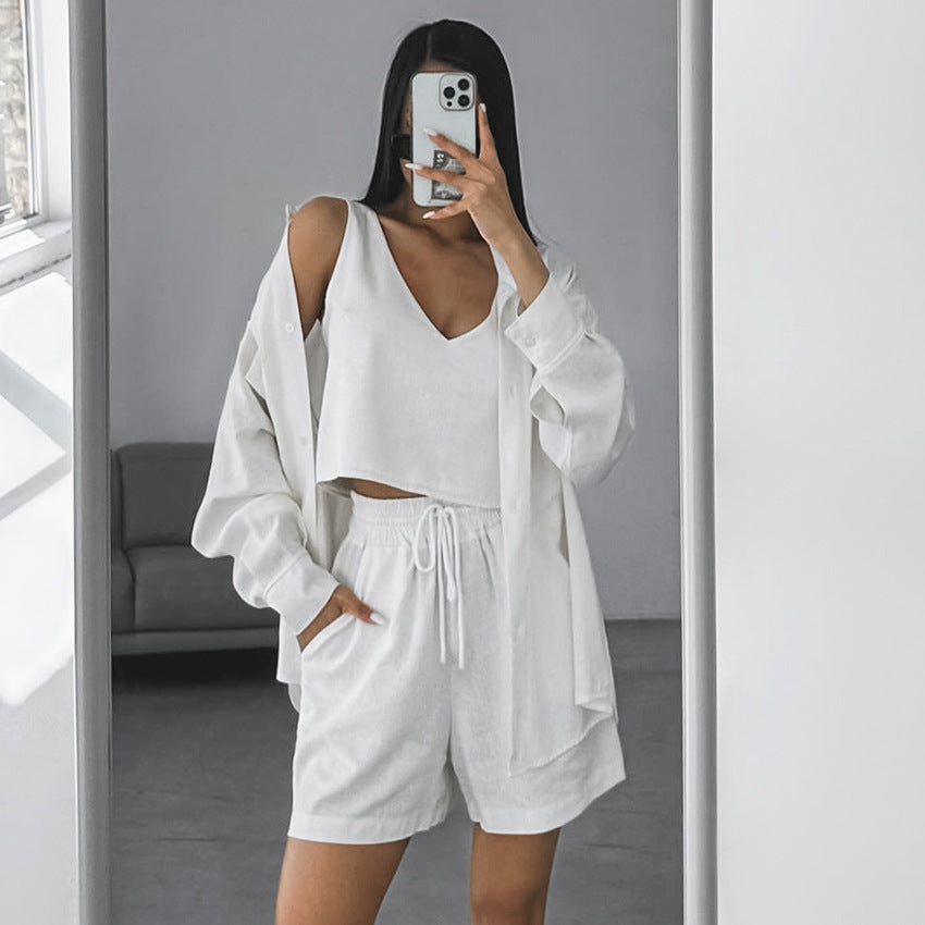 Pure Cotton Loose Wearable Women's Loungewear Set  Fashion Stylish Vest Shirt Shorts Sleepwear Three-Piece Set Summer