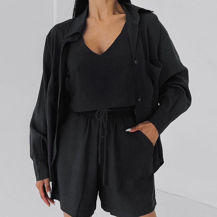 Pure Cotton Loose Wearable Women's Loungewear Set  Fashion Stylish Vest Shirt Shorts Sleepwear Three-Piece Set Summer