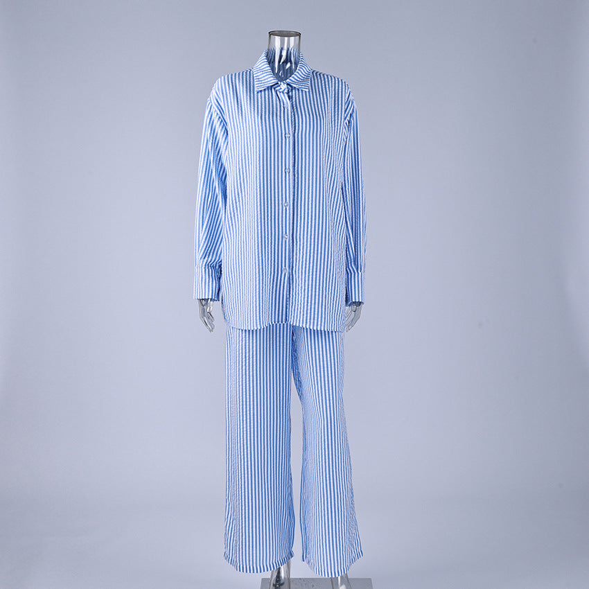 Spring/Summer New Stripe Three-Piece Sleepwear, Soft Loose Skin-Friendly Women's Loungewear for Home Wear, Cross-Border Outerwear