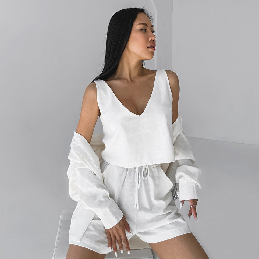 Pure Cotton Loose Wearable Women's Loungewear Set  Fashion Stylish Vest Shirt Shorts Sleepwear Three-Piece Set Summer