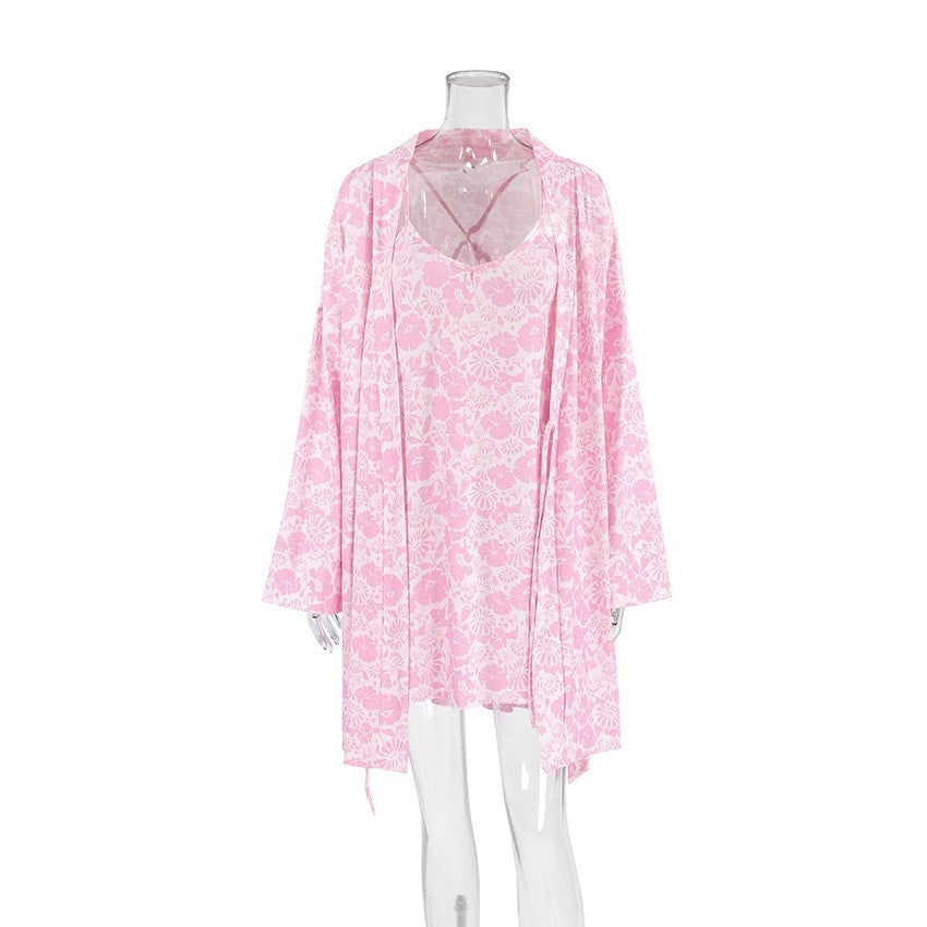 Spring Summer New  Pink Printed Knit Strap Sleep Dress Long Sleeve Robe Set Home Wear Sleepwear for Women