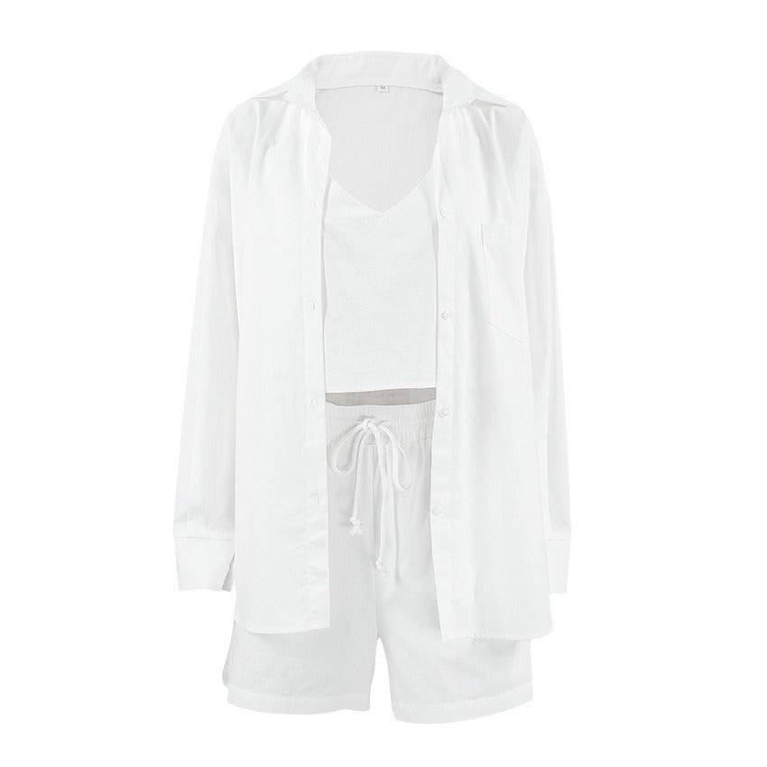 Pure Cotton Loose Wearable Women's Loungewear Set  Fashion Stylish Vest Shirt Shorts Sleepwear Three-Piece Set Summer