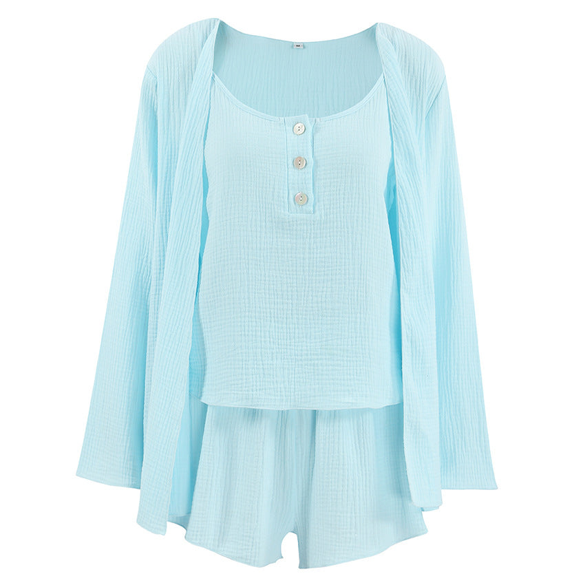 Sleepwear Set for Women: Sleeveless Robe with Shorts 3-Piece Cotton