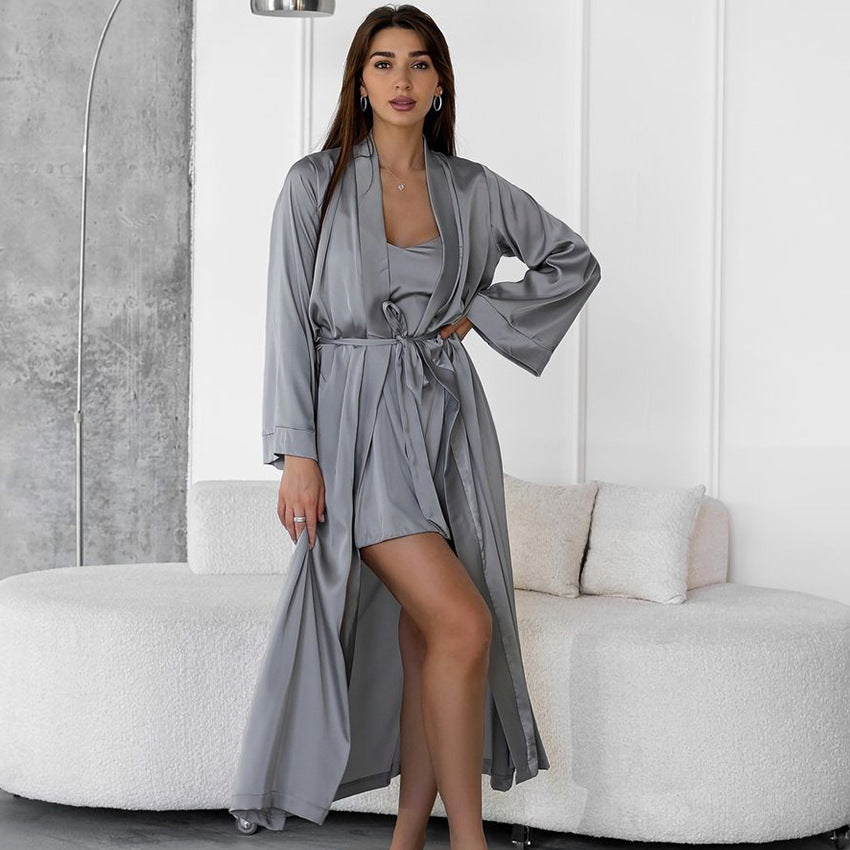 Silk-like Comfortable Loose Sleepwear Set for Women, Two-Piece Nightdress and Robe, Simple Casual Home Wear, Spring and Summer Style